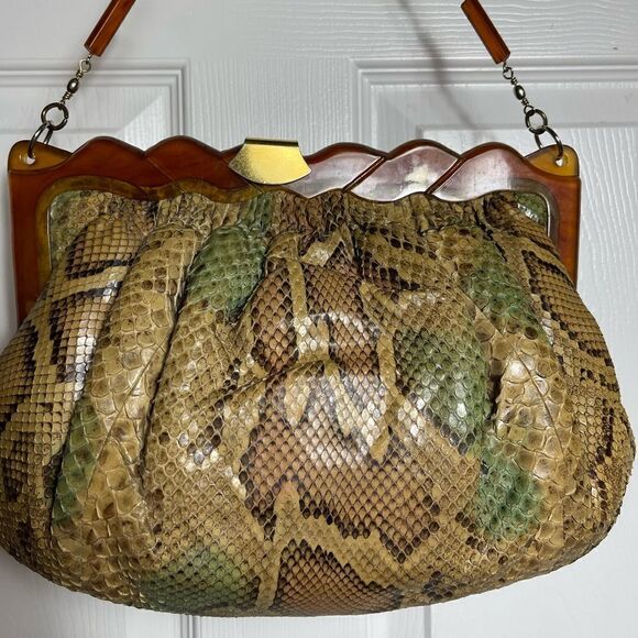 Vintage Colombetti Milano  Python snake skin shoulder Bag Lucite frame - Picture 2 of 14